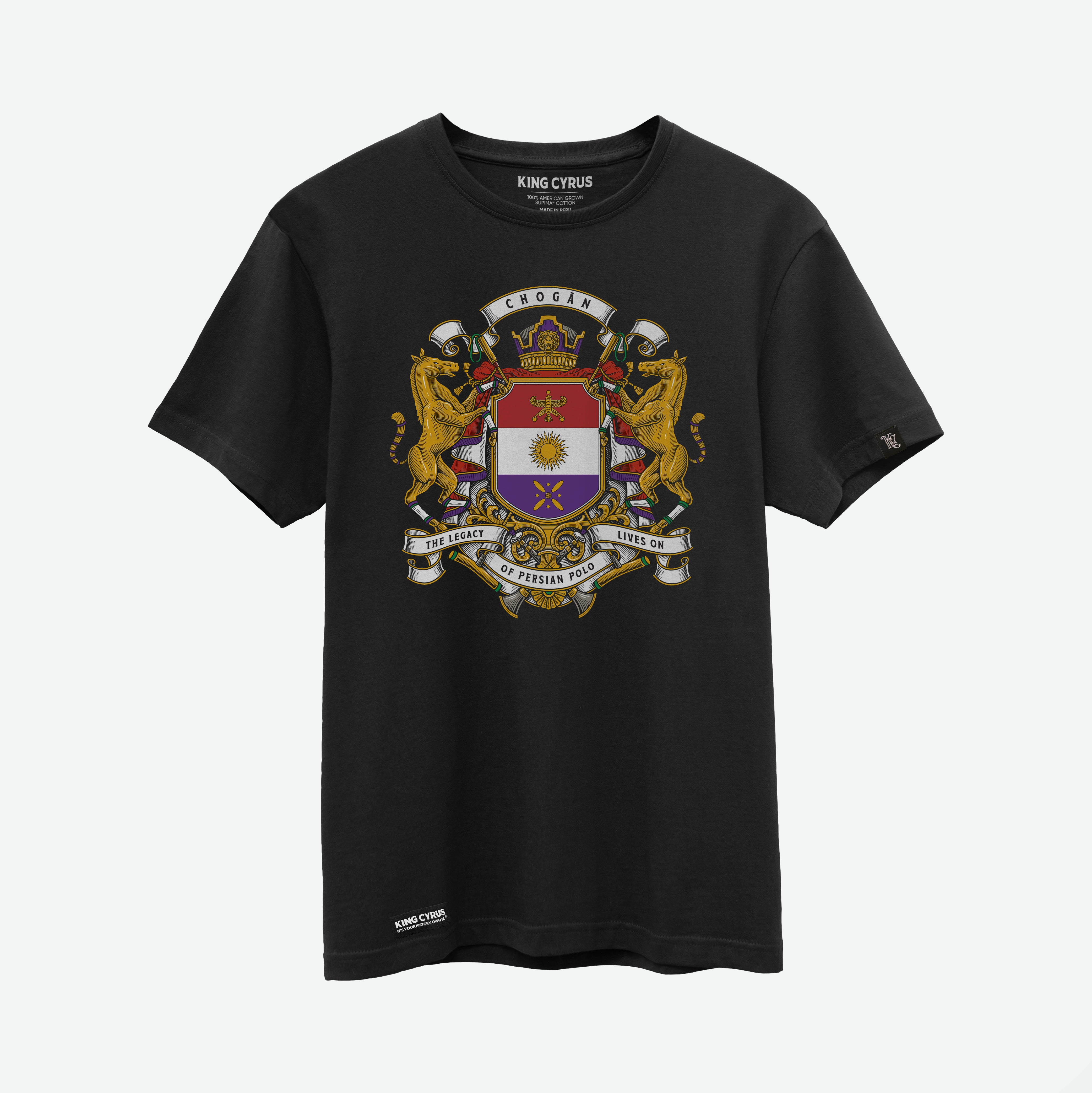 Royal coat of arms design celebrating Persian Polo on black SUPIMA® cotton t-shirt