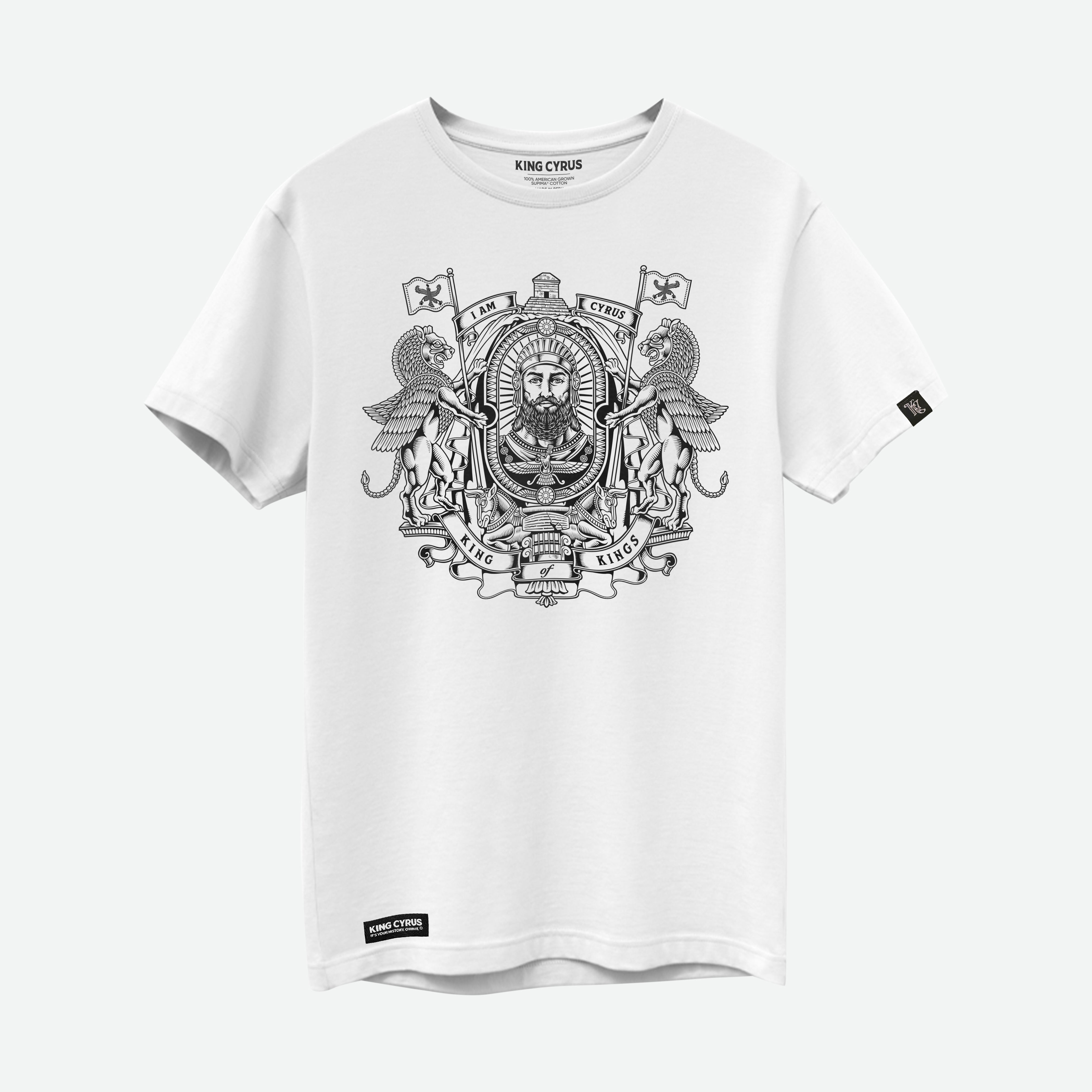 Black and white I Am Cyrus Coat of Arms on white SUPIMA® cotton t-shirt