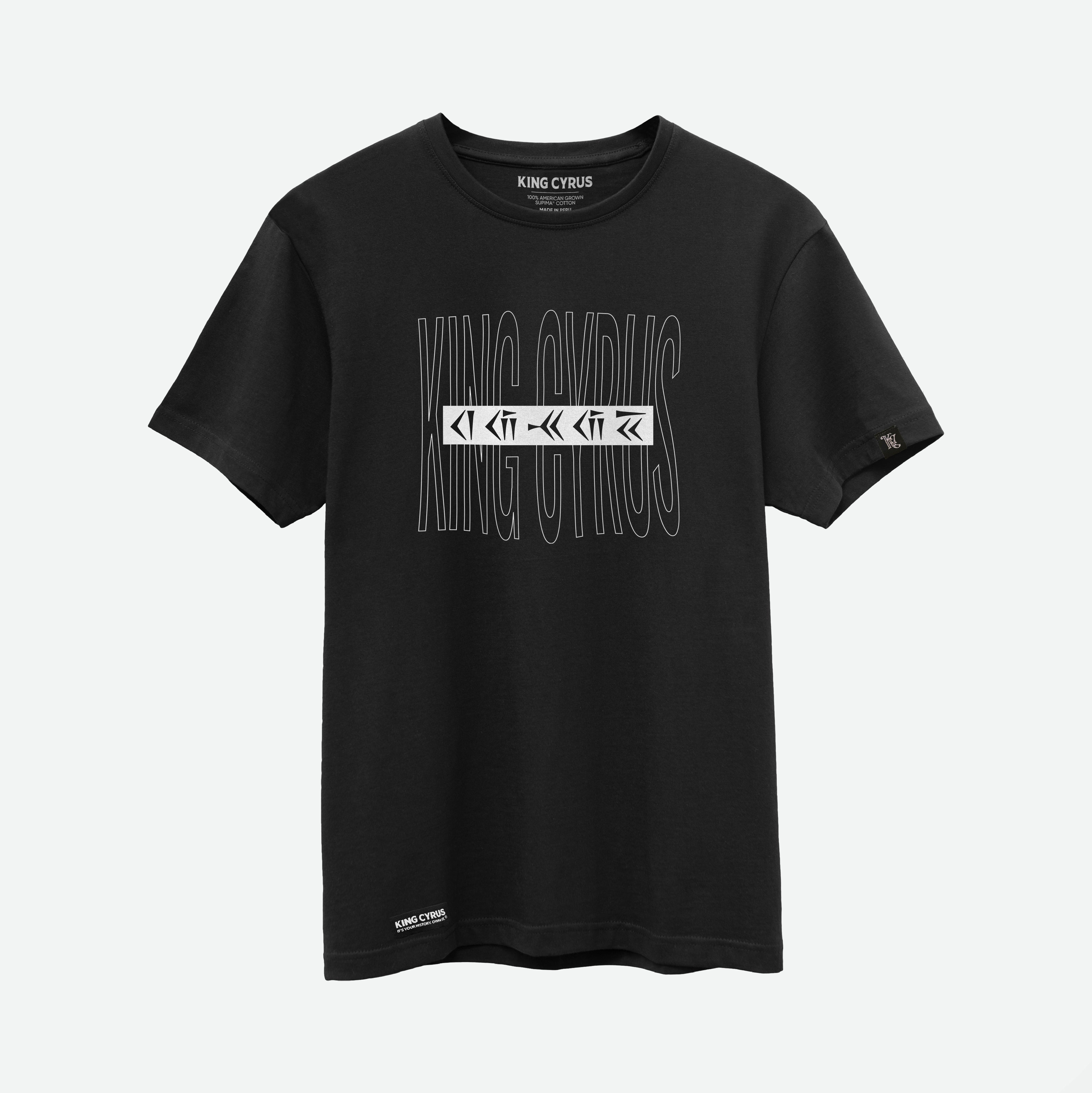 Black and White cuneiform KING CYRUS design on black SUPIMA® cotton t-shirt