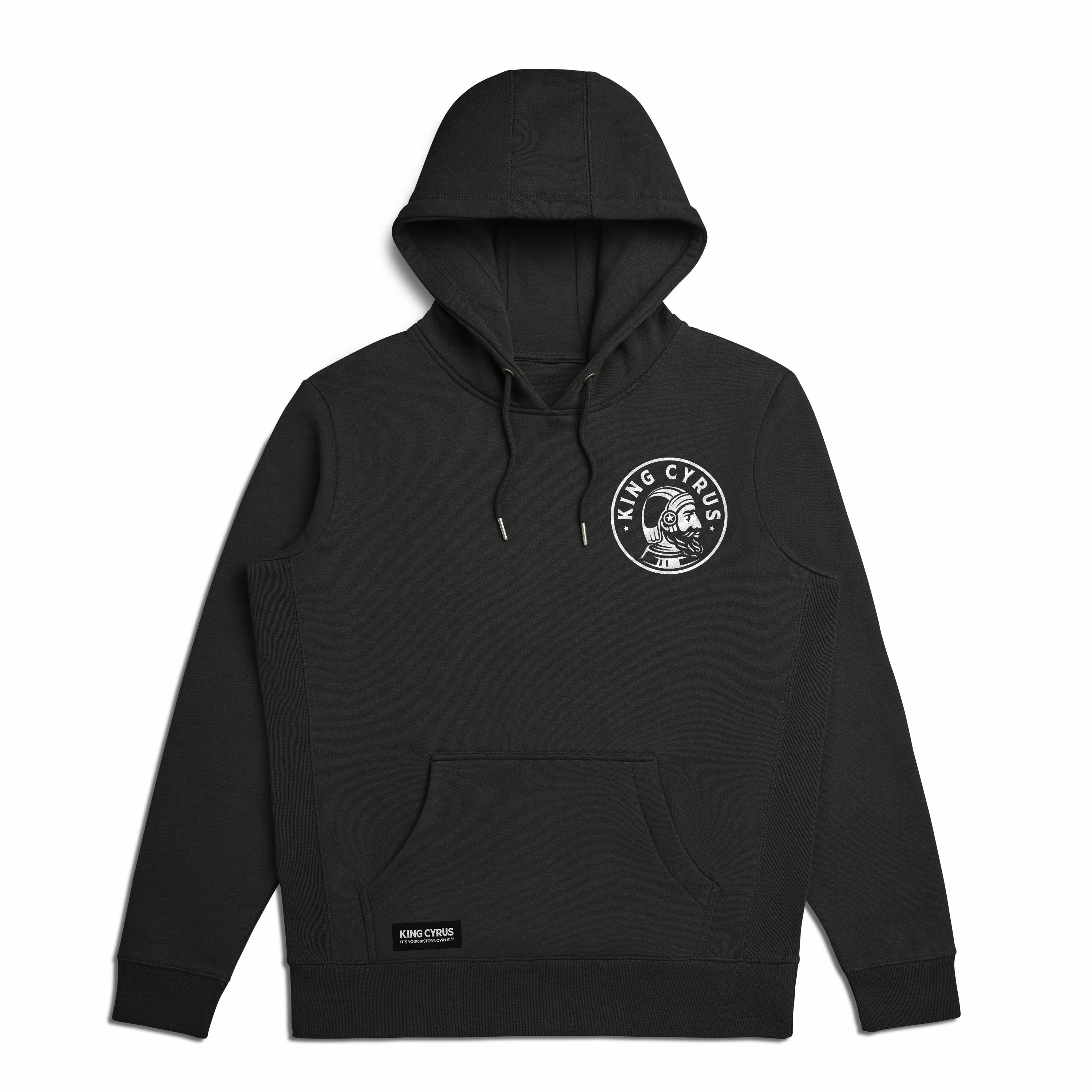Black organic cotton hoodie with King Cyrus logo on left chest and large back emblem