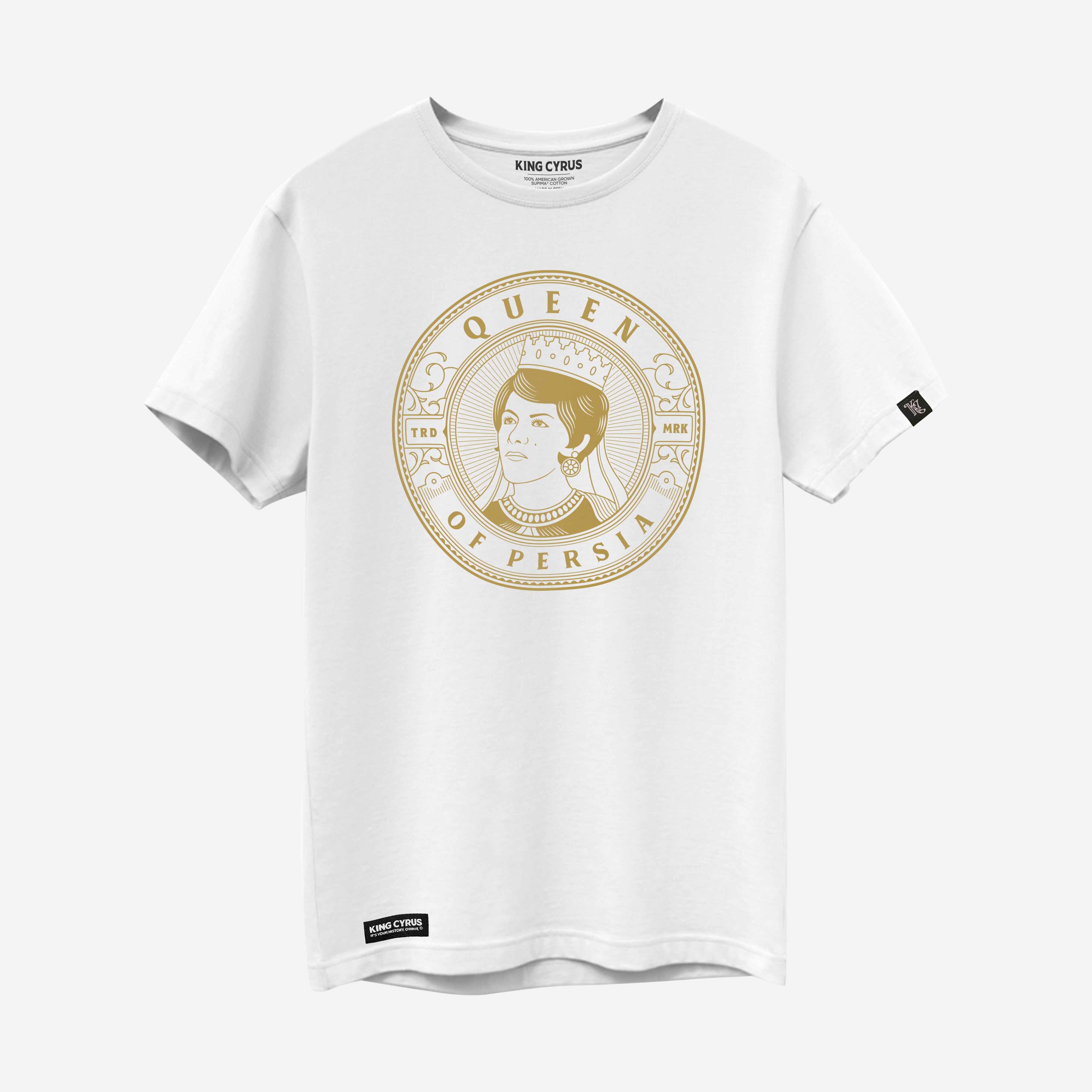 White SUPIMA® cotton t-shirt featuring Persian queen with lotus earring design