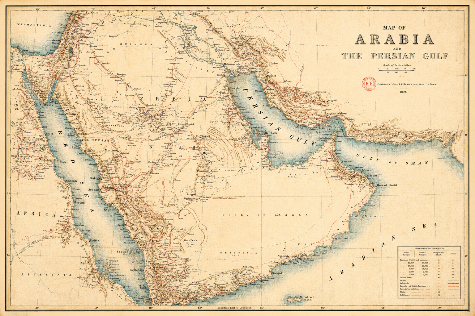 Historic 19th-century map of Arabia and the Persian Gulf showing the traditional name Persian Gulf.