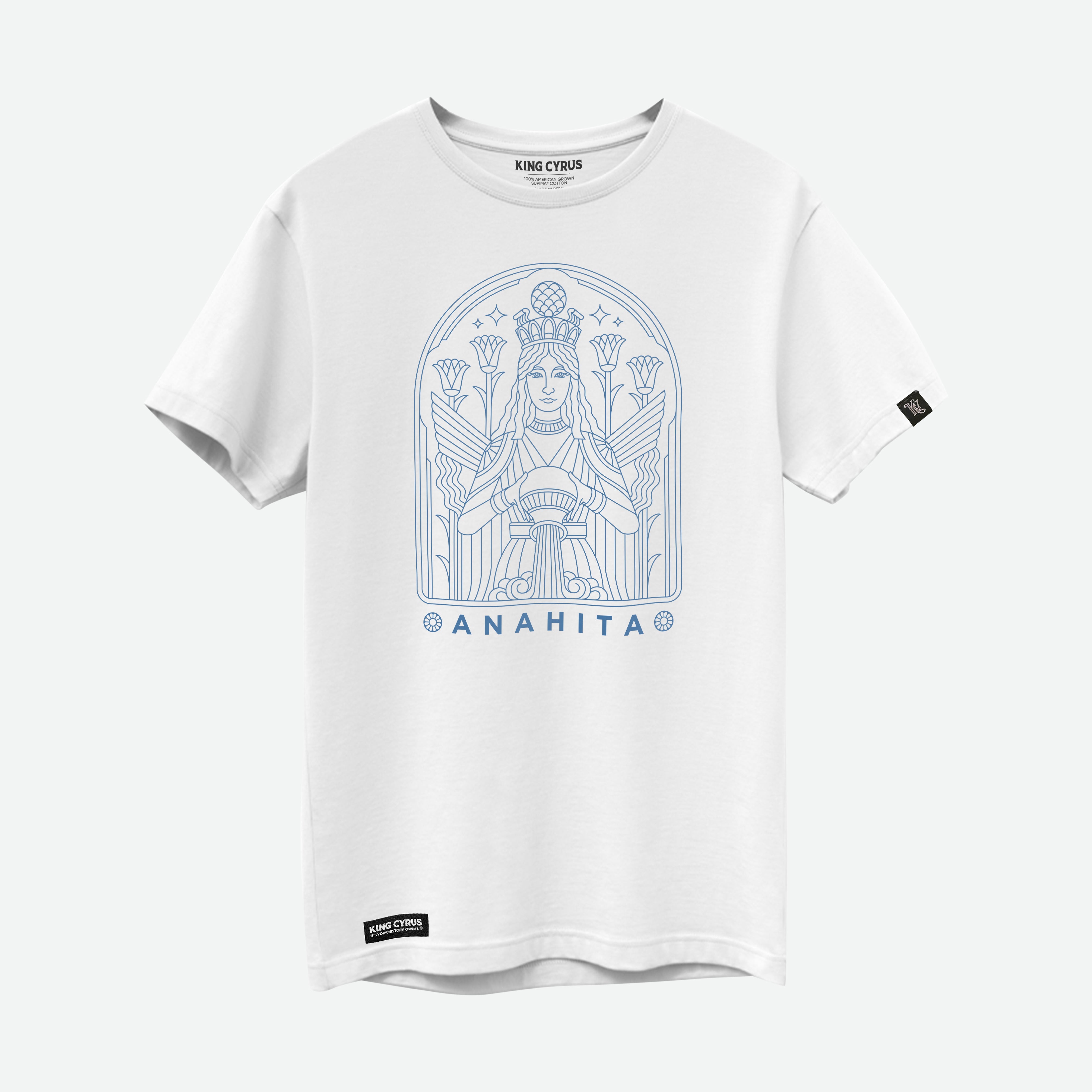 Blue stained-glass style Anahita design on white SUPIMA® cotton t-shirt
