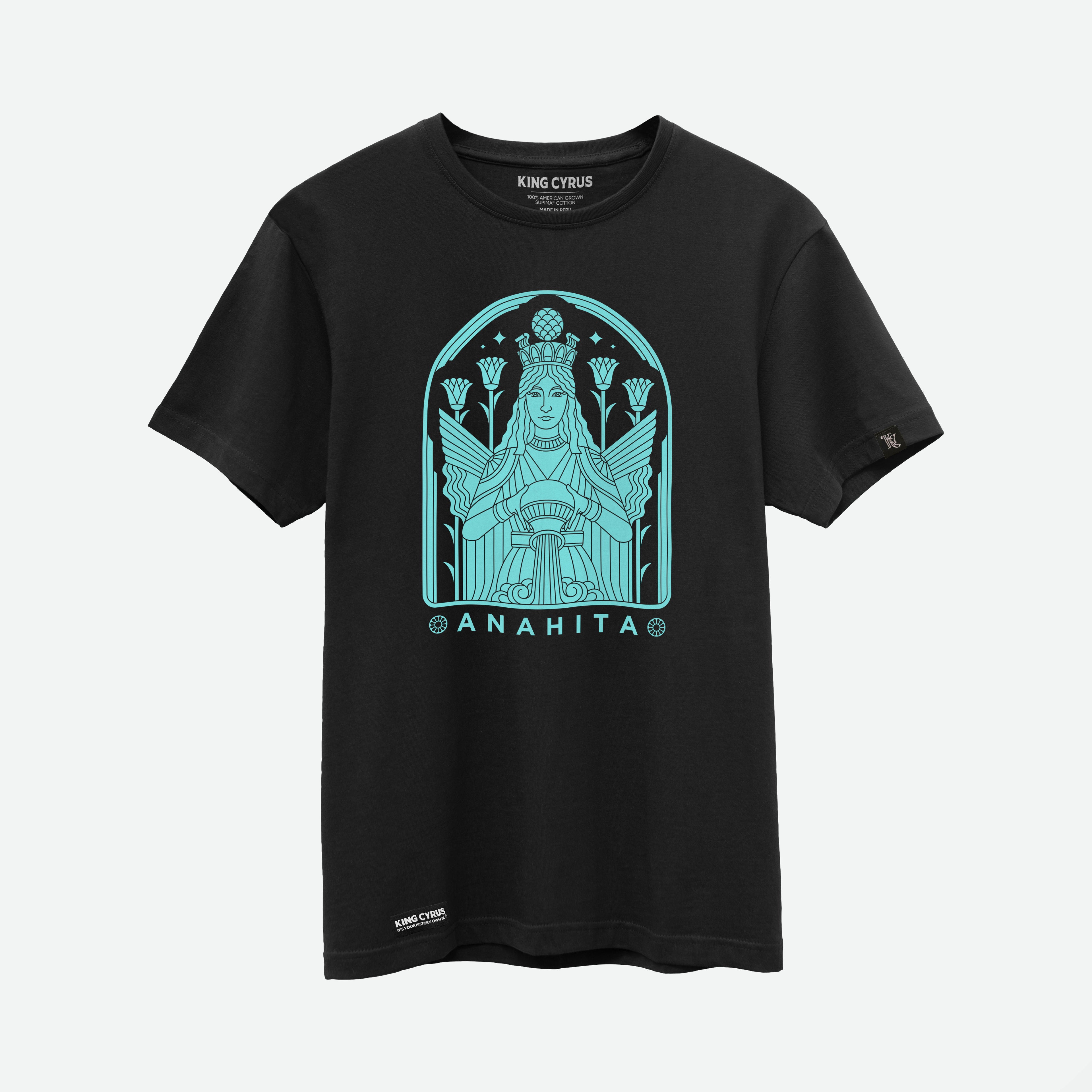 Sky blue Anahita tribute design on black SUPIMA® cotton t-shirt