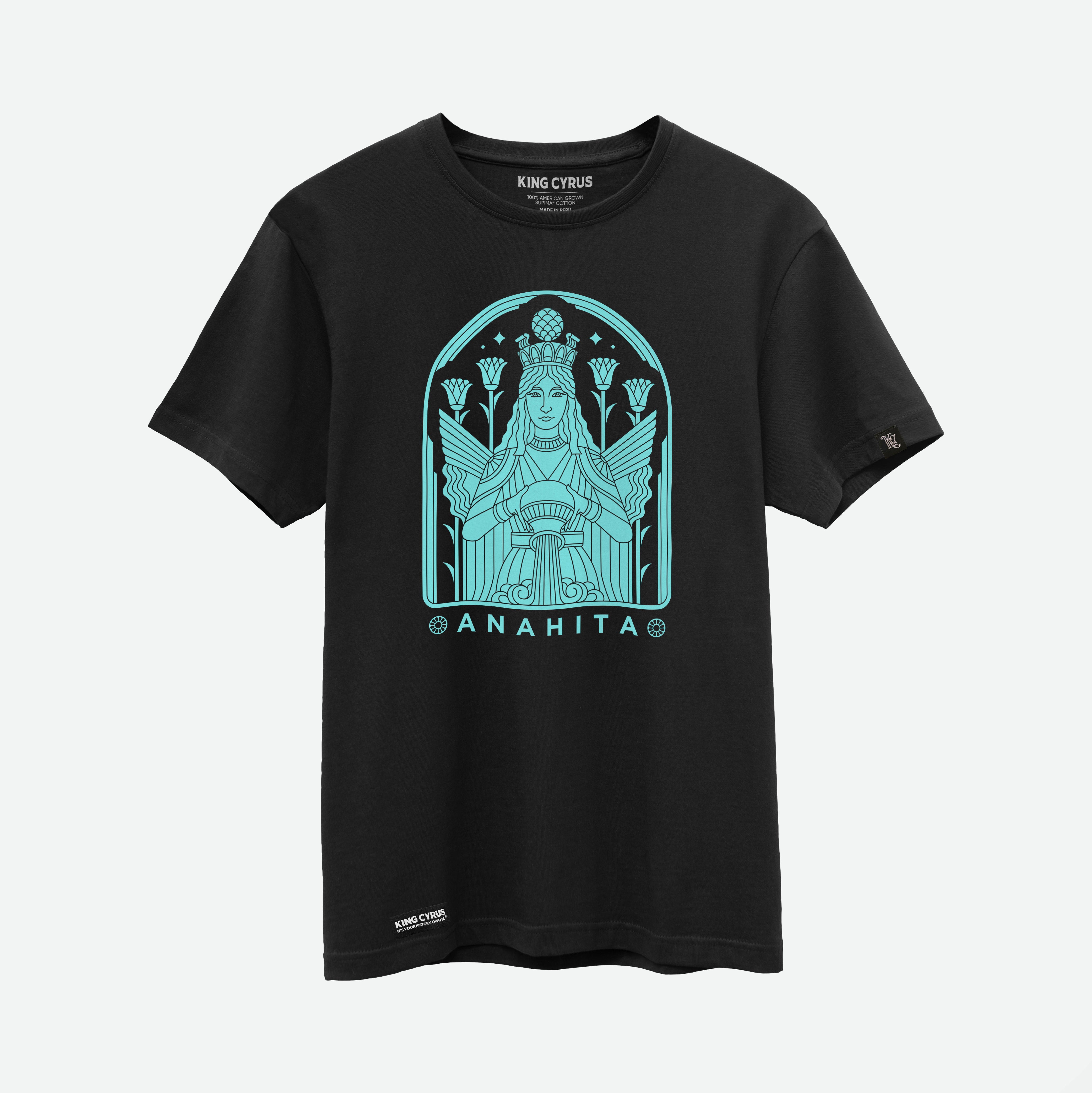 Sky blue Anahita tribute design on black SUPIMA® cotton t-shirt