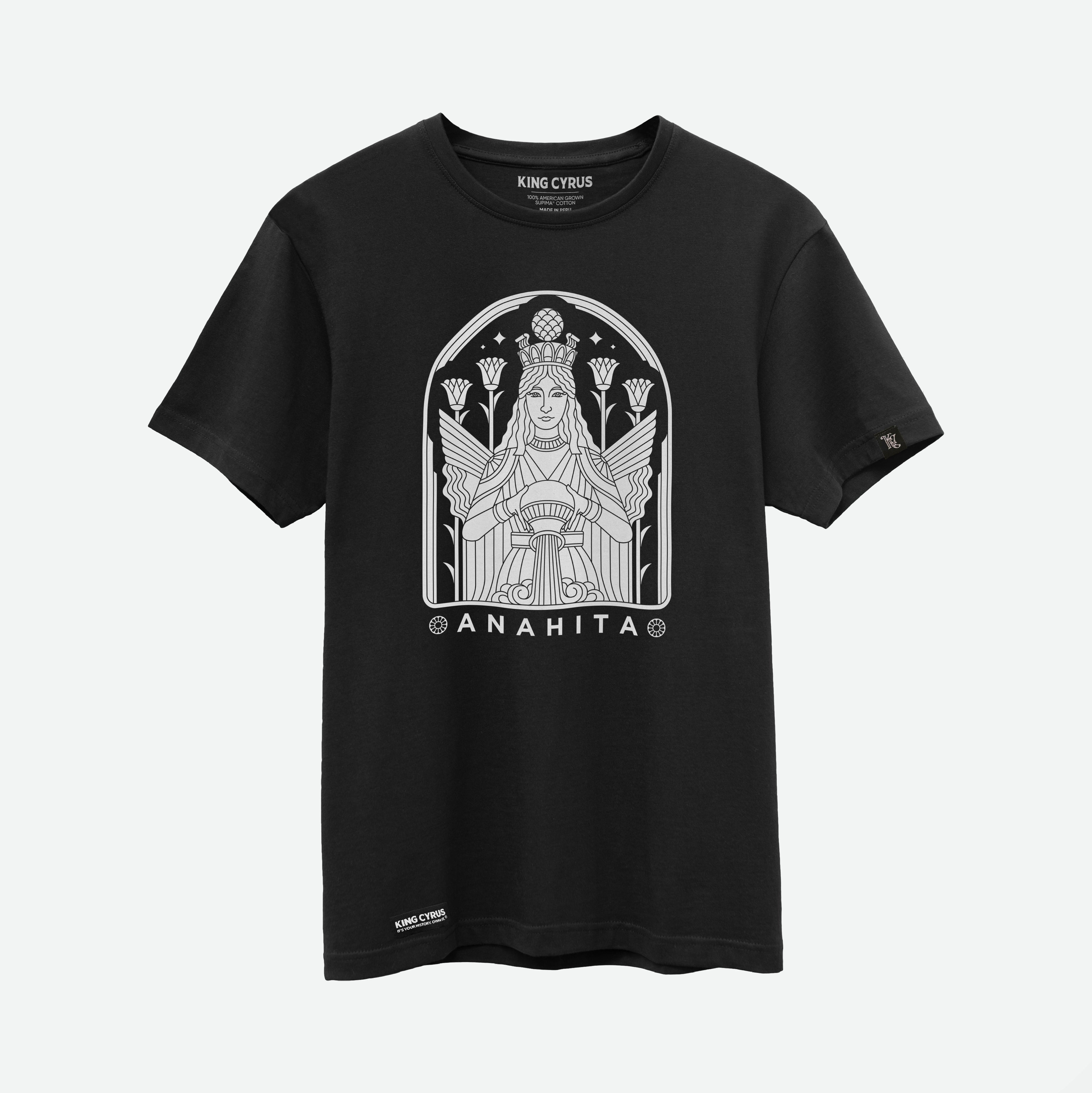 White stained-glass inspired Anahita design on black SUPIMA® cotton t-shirt