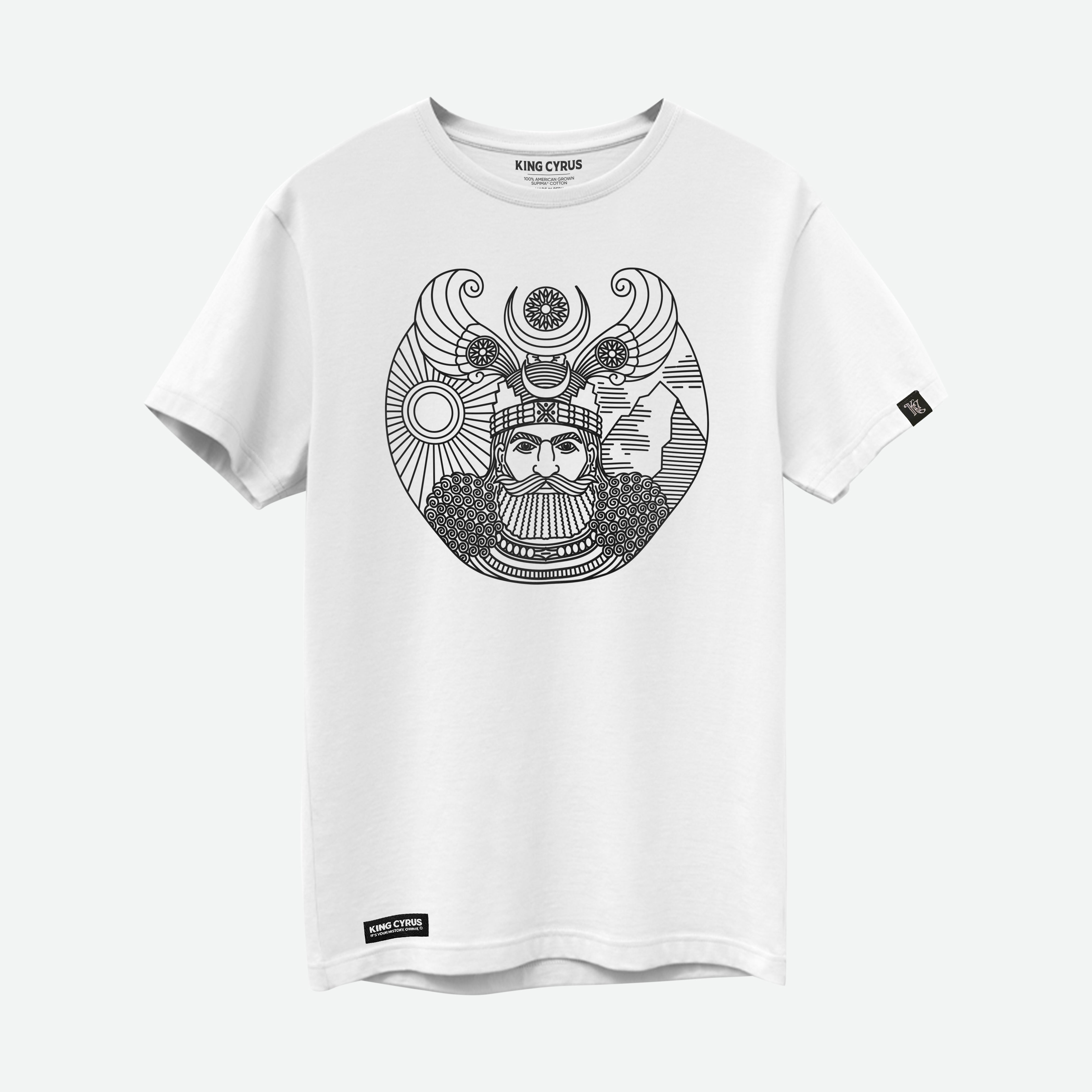 Black monoline illustration of Shapur I on white SUPIMA® cotton t-shirt
