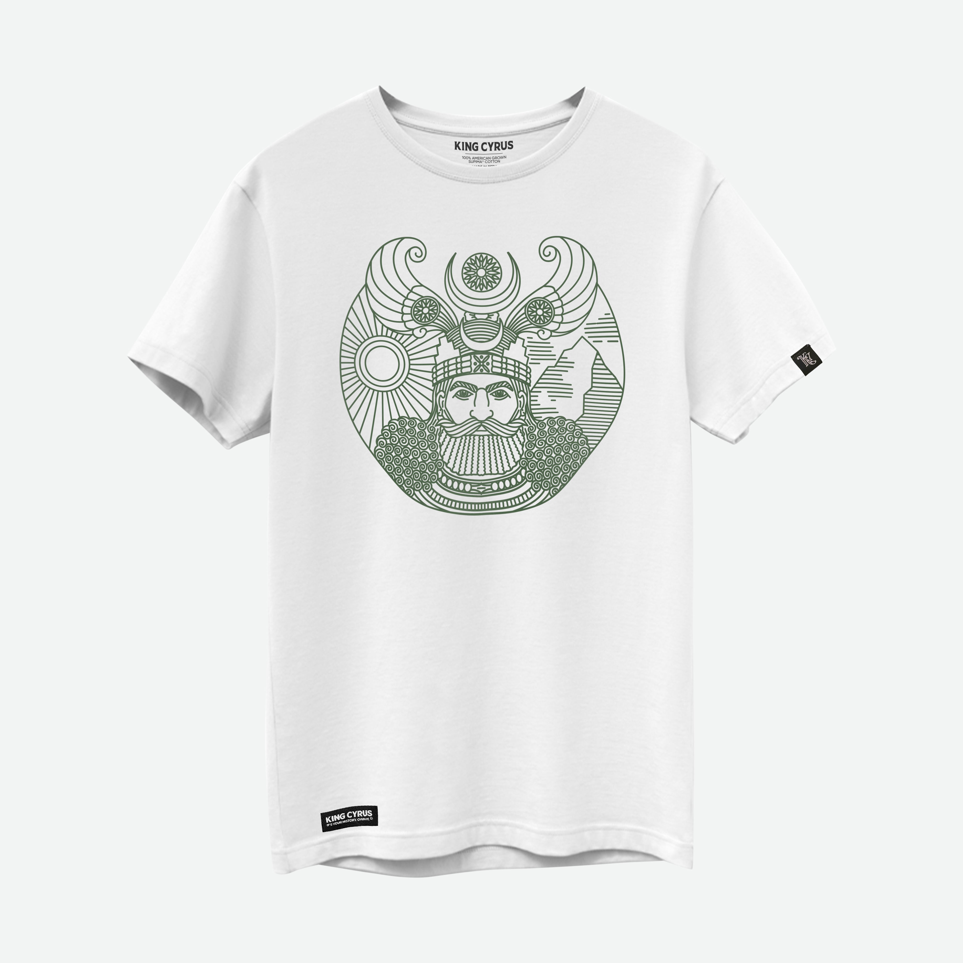 Green monoline illustration of Shapur I on white SUPIMA® cotton t-shirt