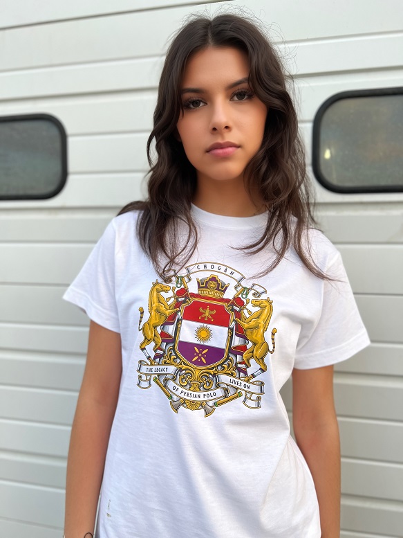 Woman displays the classic white 'CHOGAN Coat of Arms' t-shirt by King Cyrus Clothing Company, adorned with intricate Persian designs.