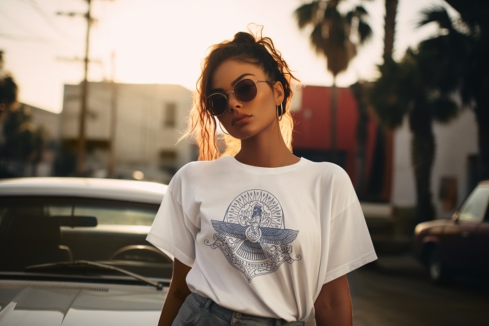 Woman showcases the white 'Faravahar' t-shirt by King Cyrus Clothing Company, symbolizing Zoroastrianism and Persian identity.